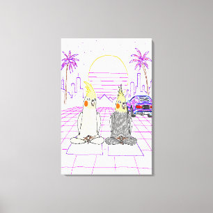 "Vaporwave Cockatiels Retro Sunset Canvas Print" Print
