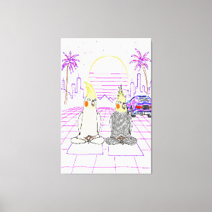 "Vaporwave Cockatiels Retro Sunset Canvas Print" Print