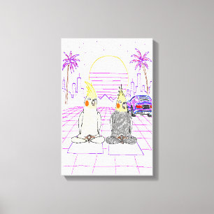 "Vaporwave Cockatiels Retro Sunset Canvas Print" Print