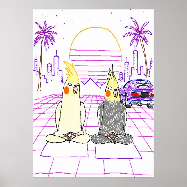 Vaporwave Cockatiels Retro Sunset Poster (Front)