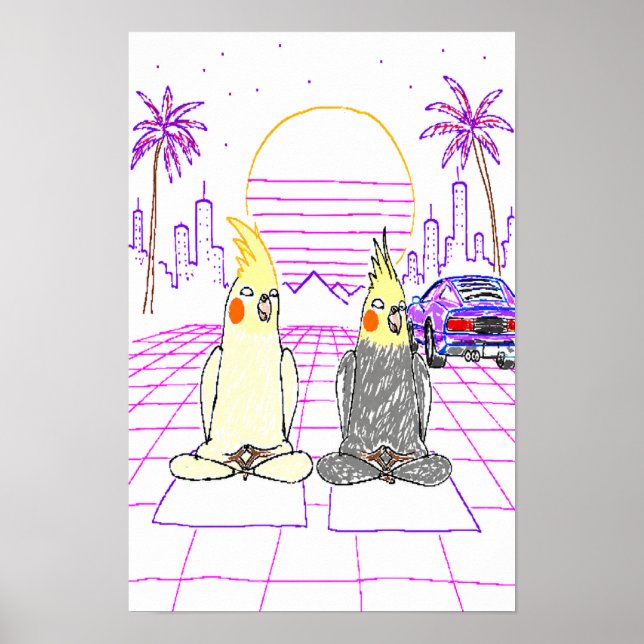 Vaporwave Cockatiels Retro Sunset Poster (Front)