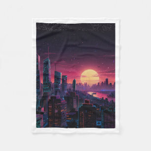 Vaporwave Cyberpunk Cityscape – Neon Skyline Art S Fleece Blanket