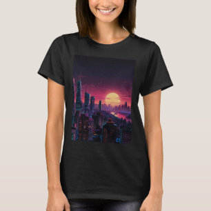 Vaporwave Cyberpunk Cityscape – Neon Skyline Art S T-Shirt