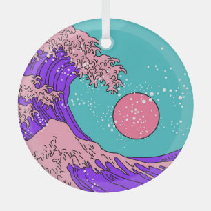 Vaporwave Great Wave: Stylised Ocean Art Glass Tree Decoration