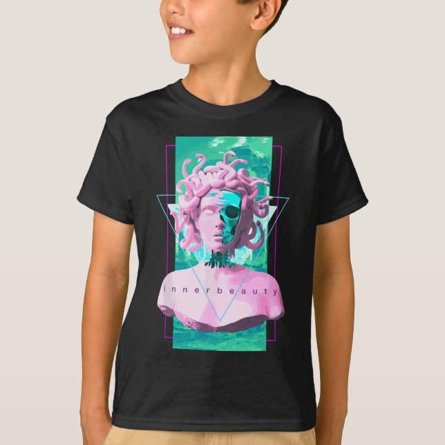 Vaporwave Medusa Statue with Skull Aesthetic Art R T-Shirt (Front)