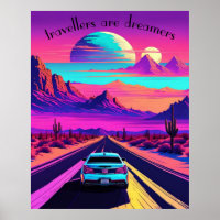 Vaporwave psychedelic desert road scene. Editable.