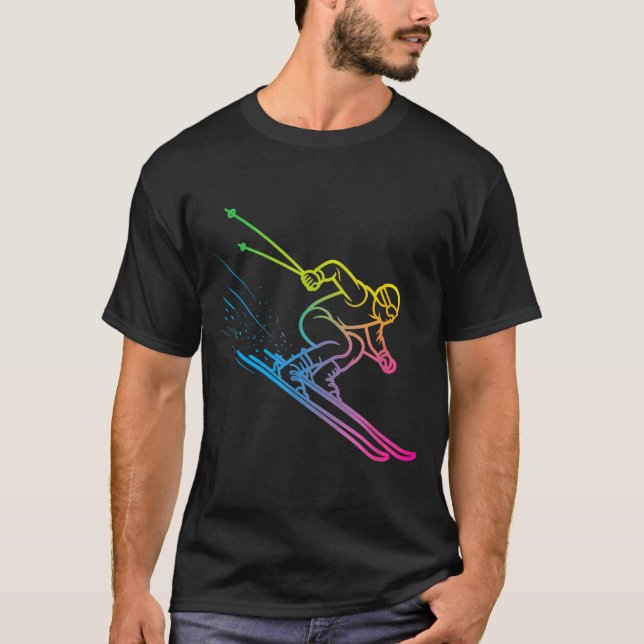 Vaporwave skier rainbow gradient retro winter T-Shirt (Front)
