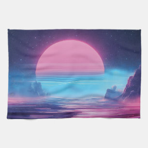 Vaporwave Sunset Landscape,Retro-Futuristic Design Tea Towel