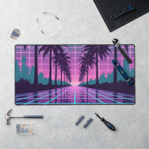 Vaporwave Sunset Palm Trees Neon Grid Desk Mat