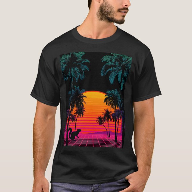 Vaporwave Sunset Palms – Neon Squirrel Gridscape T-Shirt (Front)