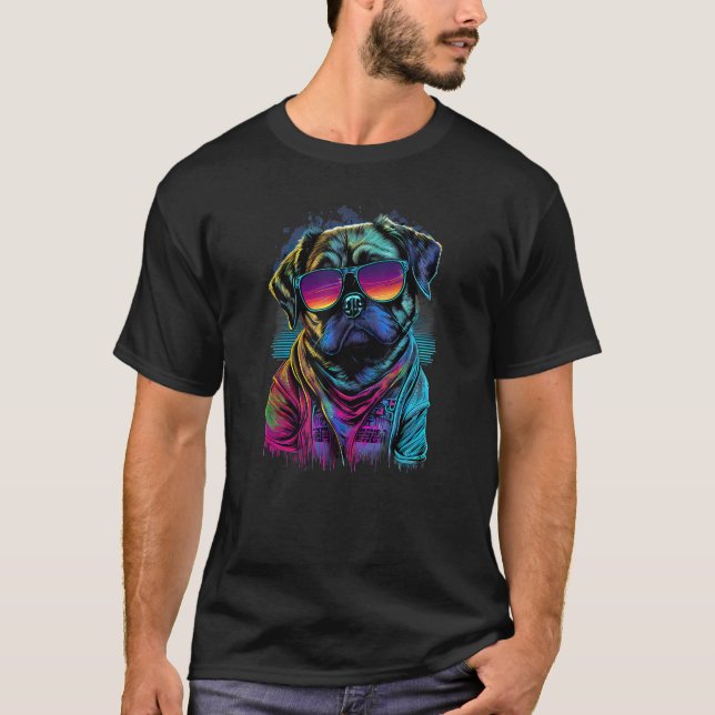 Vaporwave Synthwave Retrowave 80s Pug Dog with Sun T-Shirt (Front)