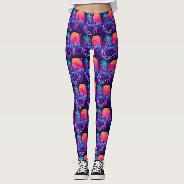 Vaporwave Synthwave Spacemen Pattern Leggings (Front)