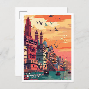 Varanasi India Vintage Travel Illustration Postcard