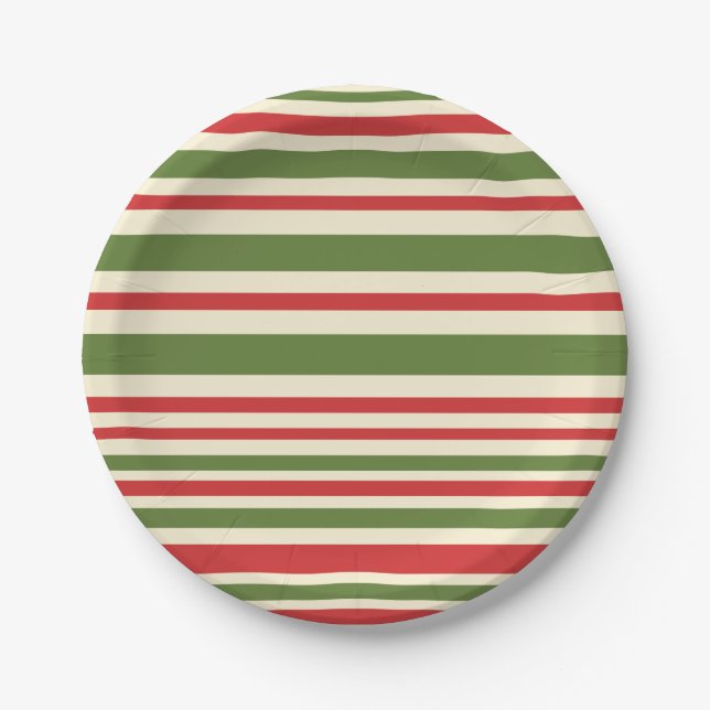 Variable Stripe Christmas Pattern Red Green Cream Paper Plate (Front)