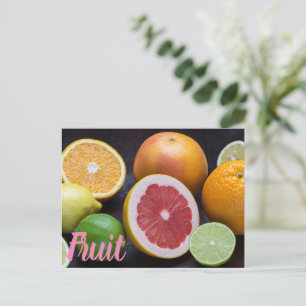 Variation of citrus orange, lime, mandarin, holiday postcard