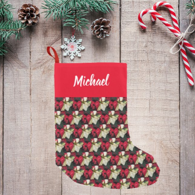 Variegated Poinsettia Pattern with Name Small Christmas Stocking (In Situ)