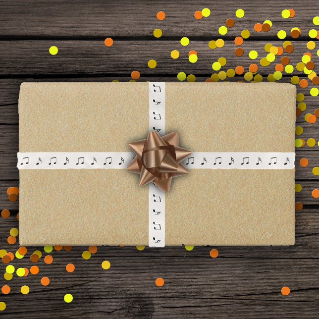 Variety of Black Music Notes on white Satin Ribbon (All occasion or birthday ribbon with a musical theme with black music notes on white for gift wrap.)