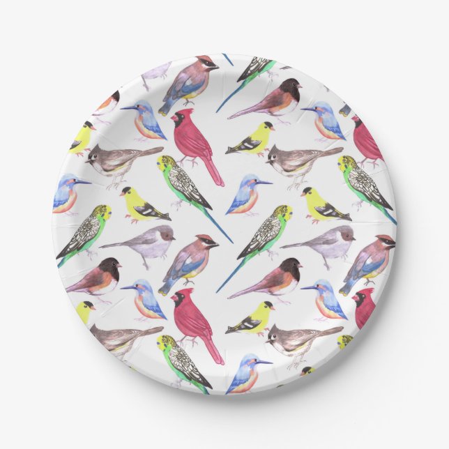 Various birds in watercolor- cute pet birds paper plate (Front)