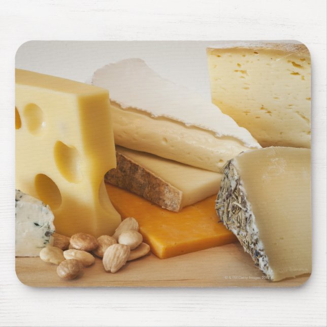 Various cheeses on chopping board mouse pad (Front)