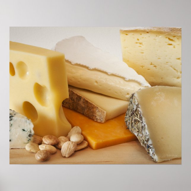 Various cheeses on chopping board poster (Front)