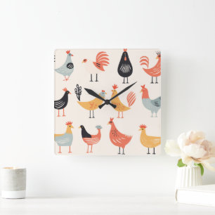 Various chickens on a white background square wall clock