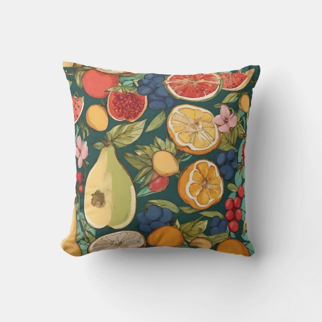 Various Citrus Fruits, Grapes and Flowers. Paintin Cushion (Front)