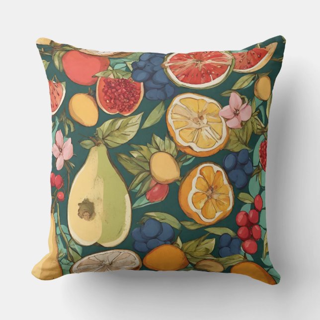 Various Citrus Fruits, Grapes and Flowers. Paintin Cushion (Front)