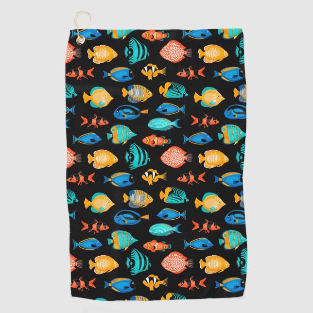 Various colourful tropical fish pattern golf towel (Front)
