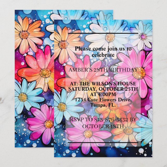 Various Cute Abstract Daisy Flowers Birthday Party Invitation (Front/Back)