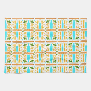 Various dry pasta shapes basil and baguettes tea towel