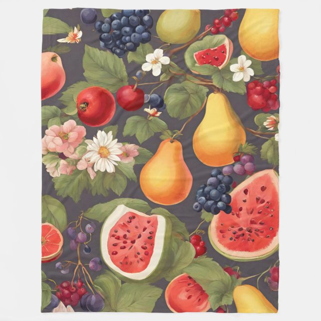 Various Fruits, Lush Leaves and Wonderful Flowers Fleece Blanket (Front)