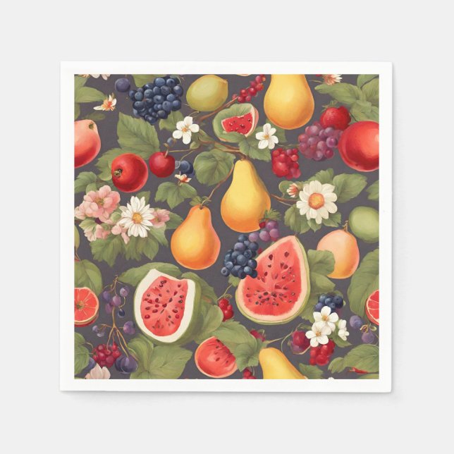 Various Fruits, Lush Leaves and Wonderful Flowers Napkin (Front)