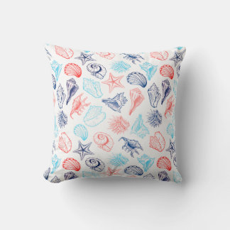 Various red blue seashells line art pattern cushion