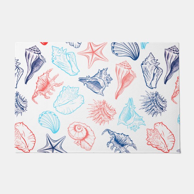 Various red blue seashells line art pattern doormat (Front)