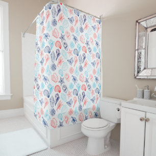 Various red blue seashells line art pattern shower curtain