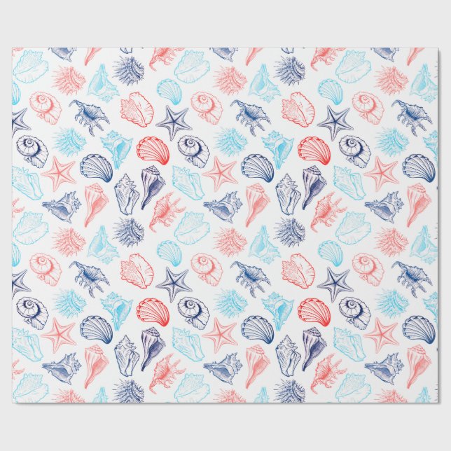 Various red blue seashells line art pattern wrapping paper (Flat)