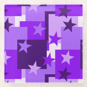 Various Shades of Purple Stars on Purple Squares Glass Coaster