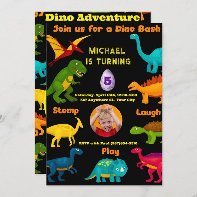 Various Species of Colourful Dinosaurs  Invitation (Front/Back)