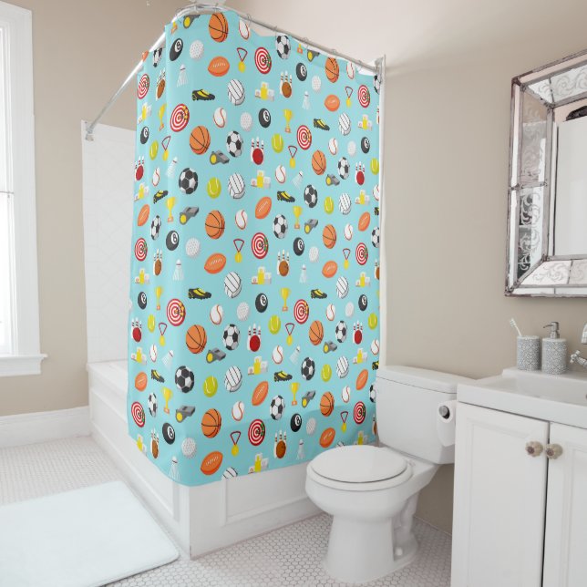 Various sports elements pattern colourful shower curtain (In Situ)