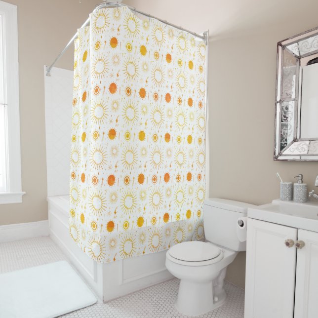 Various sun illustration orange sepia pattern shower curtain (In Situ)