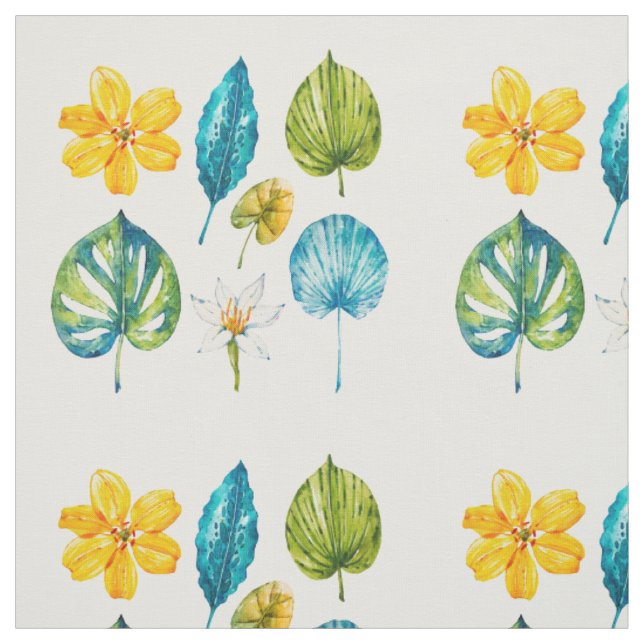 Various tropical flowers leaves fabric (Swatch)