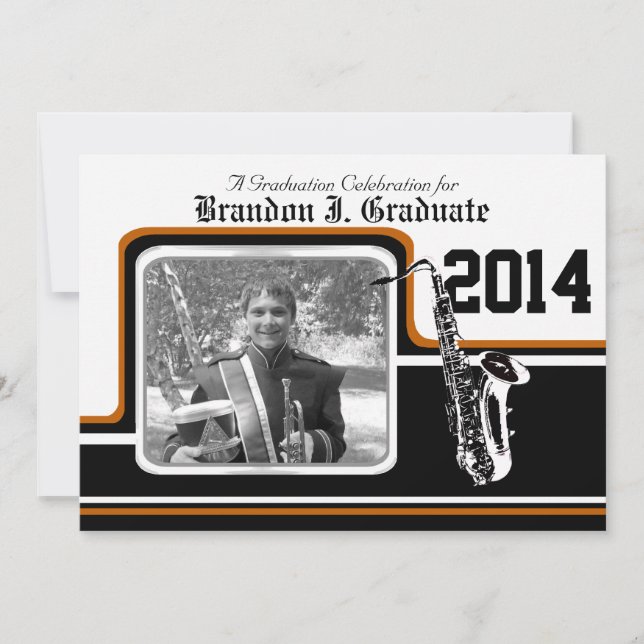 Varsity Band Saxophone Graduation Photo Orange Invitation (Front)