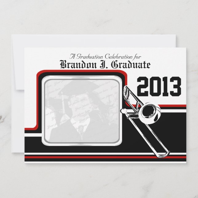 Varsity Band Trombone Graduation Photo Red Invitation (Front)