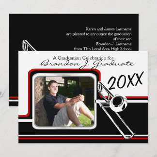 Varsity Band Trombone Graduation Photo Red Invitation