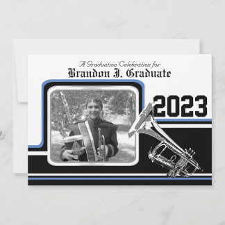 Varsity Band Trumpet Graduation Photo Blue Invitation