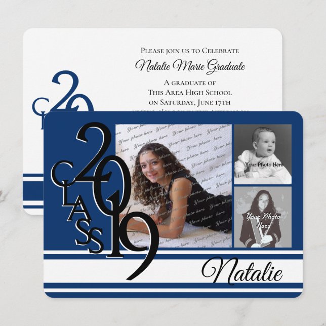 Varsity Blue 2019 Graduation Tri Photo Invitation (Front/Back)
