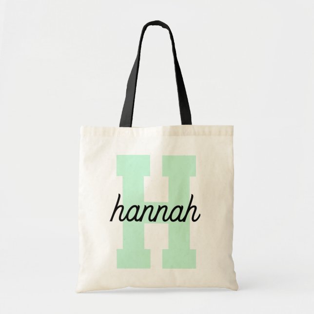 Varsity Letter Monogram Modern Cursive Script Name Tote Bag (Front)