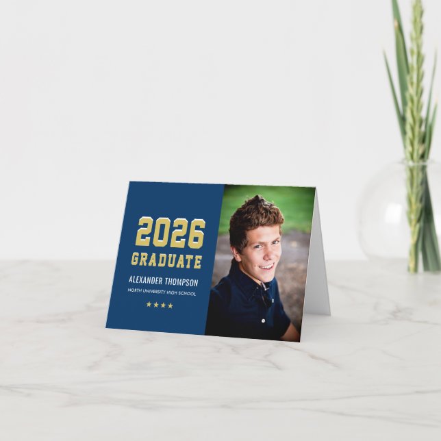Varsity Navy Gold Graduation Photo 2026 Thank You Card (Front)