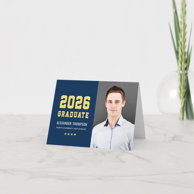 Varsity Navy Yellow Graduation Photo 2026 Thank You Card (Front)