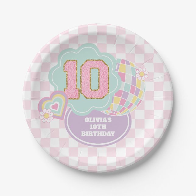Varsity preppy pastel patch 10th Birthday Paper Plate (Front)